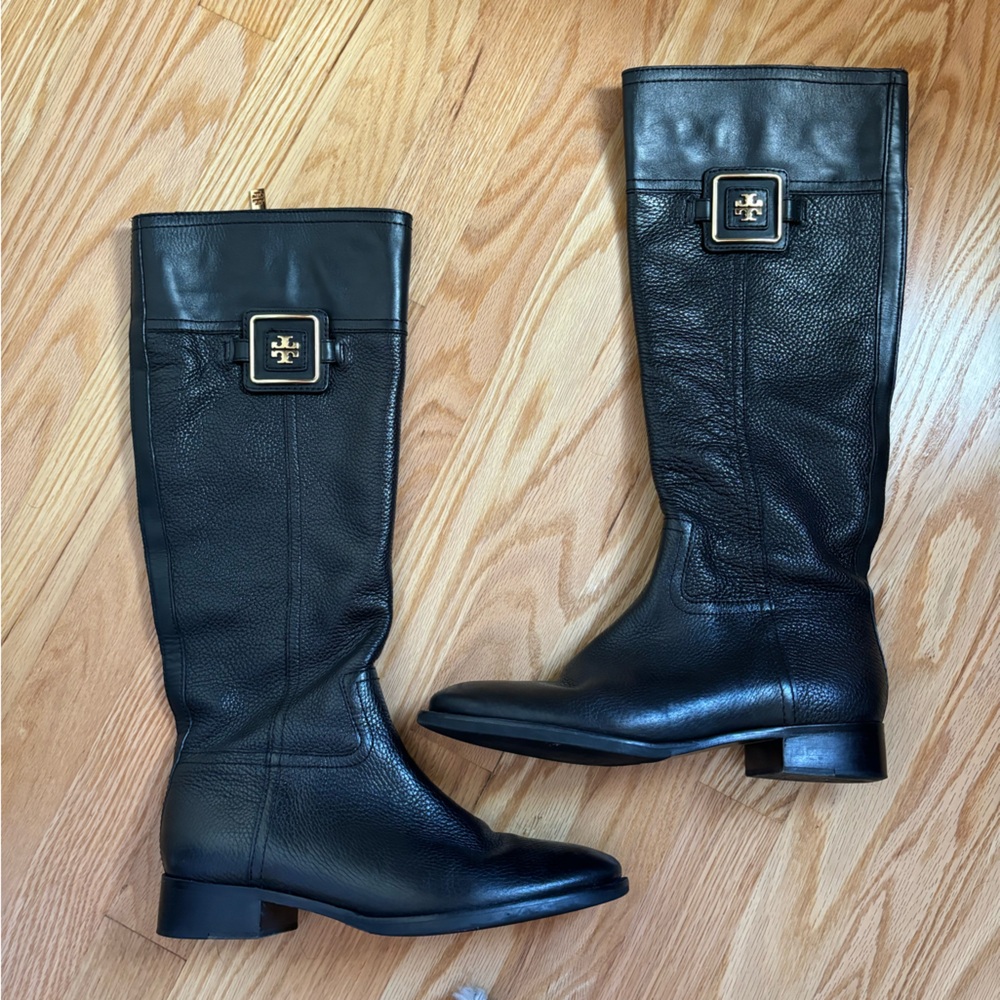 Tory Burch black leather riding boots with gold detail, size 8